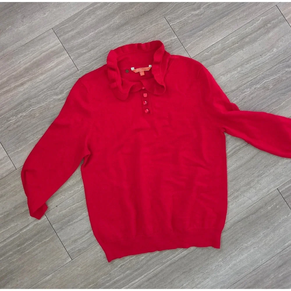ModCloth Womens Red Ruffle Collar Button Front Knit Sweater Top Large Ruby Red